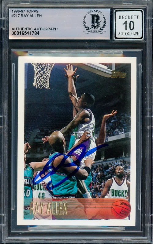 Basketball cards laminated-rare -Ray Allen Autographed 1996 Topps Rookie Card #217 Milwaukee Bucks Auto Grade Gem Mint 10 Beckett BAS