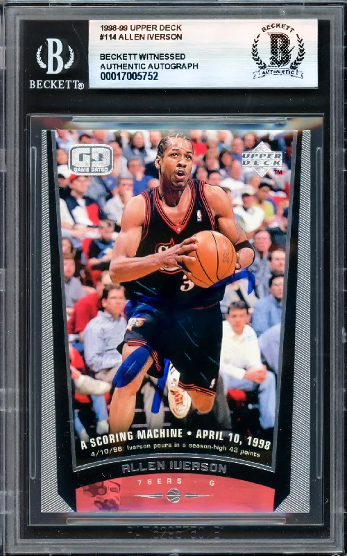 Basketball cards bonus-rarity -Allen Iverson Autographed 1998-99 Upper Deck Card #114 Philadelphia 76ers Beckett BAS Witness #17005752