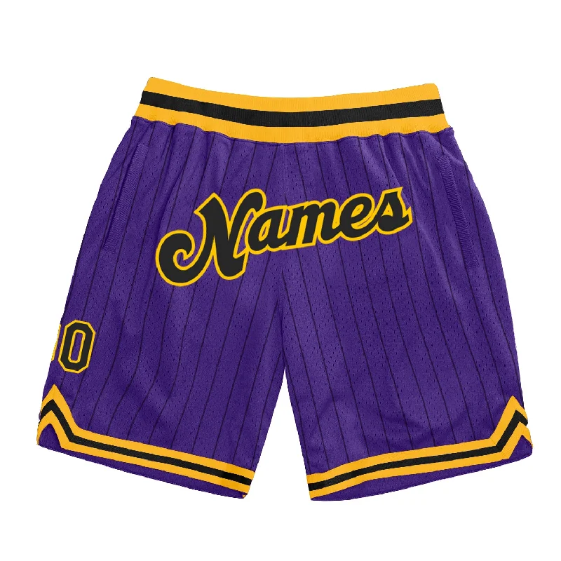 Men's basketball shorts enduring pair -Custom Purple Black Pinstripe Black-Gold Authentic Basketball Shorts