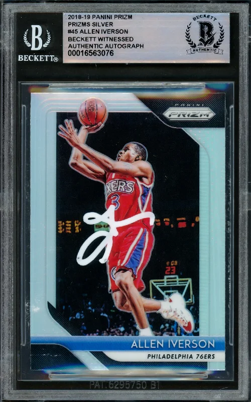 Basketball cards trade-classic -Allen Iverson Autographed 2018-19 Panini Prizm Prizms Silver Card #45 Philadelphia 76ers Beckett BAS Witnessed #16563076