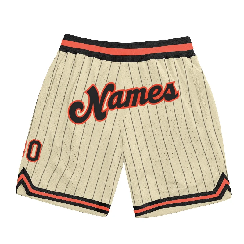 Men's basketball shorts sweat-proof tech -Custom Cream Black Pinstripe Black-Orange Authentic Basketball Shorts