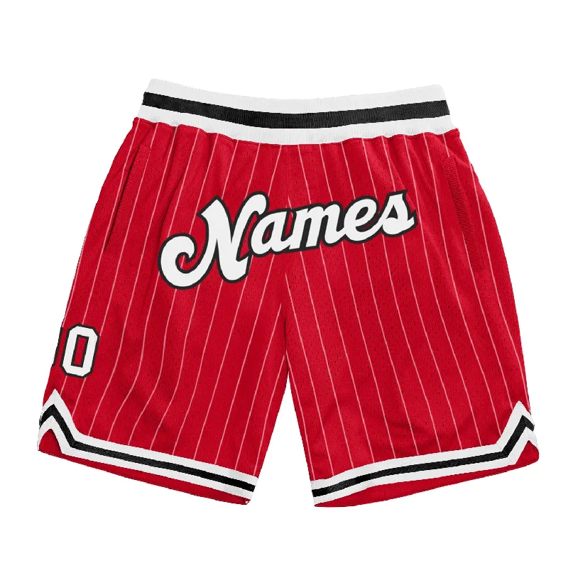 Men's basketball shorts squad collection -Custom Red White Pinstripe White-Black Authentic Basketball Shorts