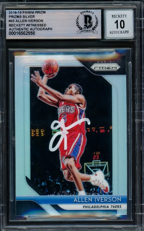 Basketball cards oversized-classic -Allen Iverson Autographed 2018-19 Panini Prizm Prizms Silver Card #45 Philadelphia 76ers Auto Grade Gem Mint 10 Beckett BAS Witnessed