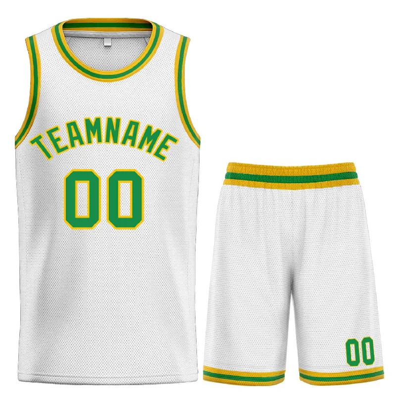 Basketball jerseys quick-dry -Custom White Green-Yellow Classic Sets Curved Basketball Jersey