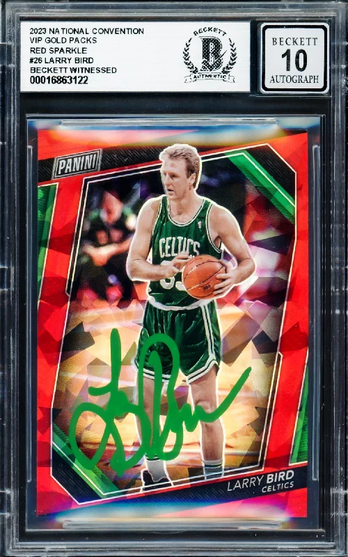 Basketball cards breakout-rare -Larry Bird Autographed 2023 Panini Prizm National Convention VIP Gold Packs Red Sparkle Card #26 Card Boston Celtics Auto Grade Gem Mint 10 #/199 Beckett BAS Witness