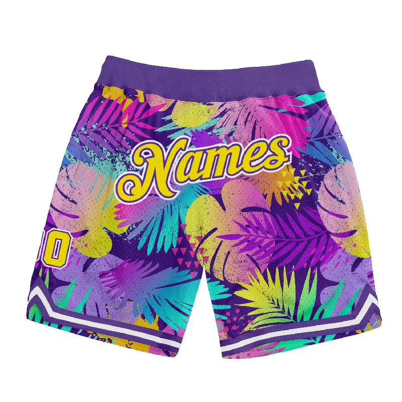 Men's basketball shorts breathable fabric -Custom Purple Gold-White 3D Pattern Design Tropical Palm Leaves Authentic Basketball Shorts