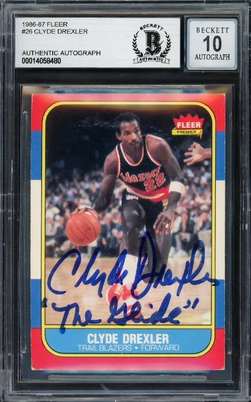 Basketball cards rookie-class-rarity -Clyde Drexler Autographed 1986 Fleer Rookie Card #26 Portland Trail Blazers Auto Grade Gem Mint 10 "The Glide" Beckett BAS #14058480