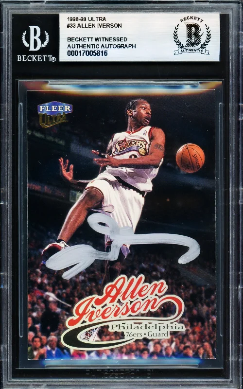 Basketball cards game-used-relic -Allen Iverson Autographed 1998-99 Fleer Ultra Card #33 Card Philadelphia 76ers Beckett BAS Witness