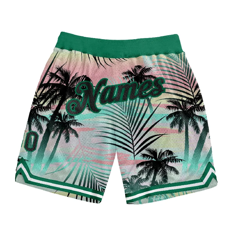 Men's basketball shorts peak-performance pair -Custom Black Black-Kelly Green 3D Pattern Design Tropical Palm Leaves Authentic Basketball Shorts