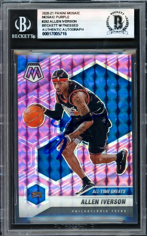 Basketball cards market-rare -Allen Iverson Autographed 2020-21 Panini Mosaic Purple Card #292 Philadelphia 76ers #10/49 Beckett BAS Witness #17005716