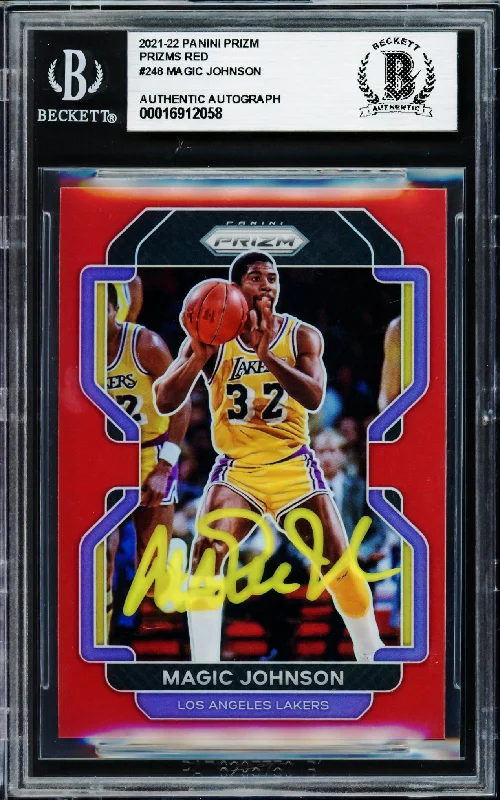 Basketball cards player-relic -Magic Johnson Autographed 2021-22 Panini Prizm Prizms Red Card #248 Card Los Angeles Lakers #/299 Beckett BAS