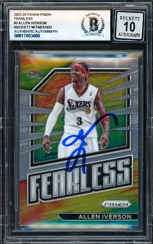 Basketball cards tribute-rarity -Allen Iverson Autographed 2022-23 Panini Prizm Fearless Card #3 Philadelphia 76ers Auto Grade Gem Mint 10 Beckett BAS Witness #17003460