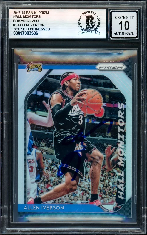 Basketball cards obscure-rarity -Allen Iverson Autographed 2018-19 Panini Prizm Hall Monitors Prizms Silver Card #8 Philadelphia 76ers Auto Grade Gem Mint 10 Beckett BAS Witness #17003506