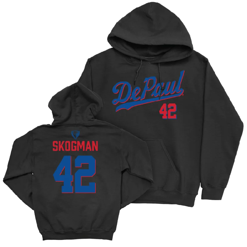 Men's basketball hoodie performance ensemble -DePaul Men's Basketball Black Script Hoodie - David Skogman | #42