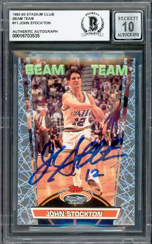 Basketball cards rookie-hype-rarity -John Stockton Autographed 1992-93 Stadium Club Beam Team Card #11 Utah Jazz Auto Grade Gem Mint 10 Beckett BAS #16703535